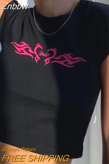 Znbbw Women Vintage Retro Print T Shirt Women Slim Crop Top Short Sleeve O-neck Tops Grunge Tee Korean Style Tshirt Y2k Streetwear